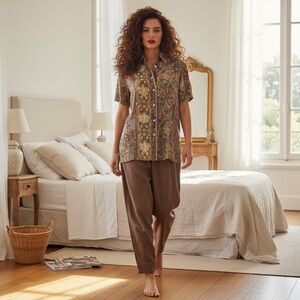 Everlap Vintage 100% Silk Pajama Set Size 8 Shell Buttons Paisley Print